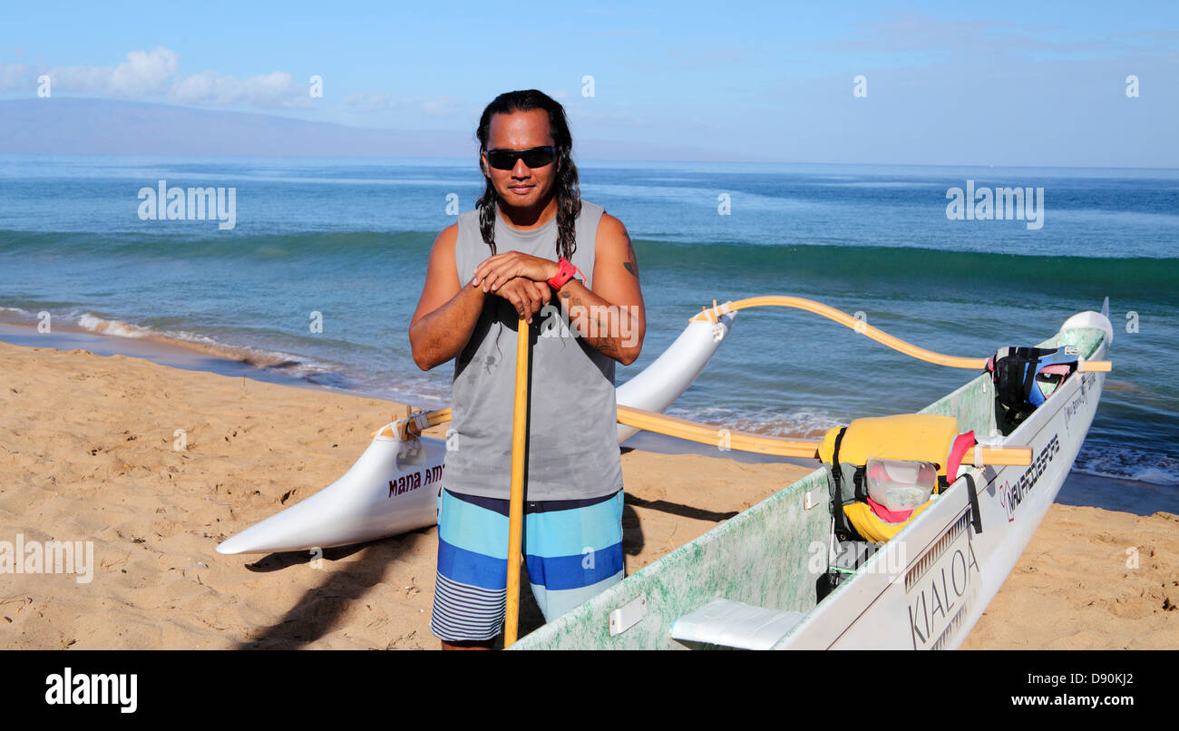 Outrigger canoe guide at Kaanapali Beach North near the Westin Kaanapali Ocean Resort Villas North on Maui Stock Photo