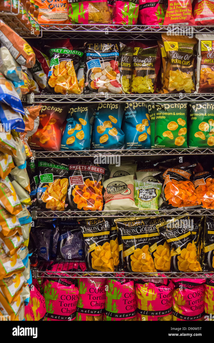 A display of tasty snacks are seen in a supermarket in New York on Wednesday, June 5, 2013. (© Richard B. Levine) Stock Photo