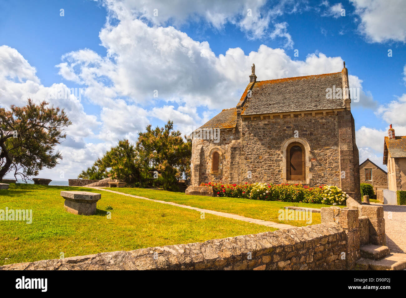 The Roman style Sailors Chapel at the small fishing port of St-Vaast-La-Hougue, Normandy, France. This was originally the... Stock Photo