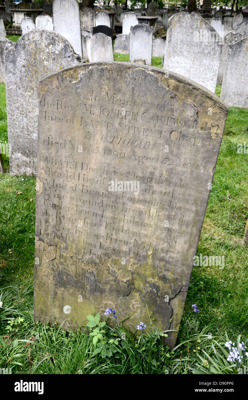Headstone of Rev. Joseph Cartwright, late of Southwark, who died in 1800 and is buried in Bunhill Fields Burial Ground, London. Stock Photo