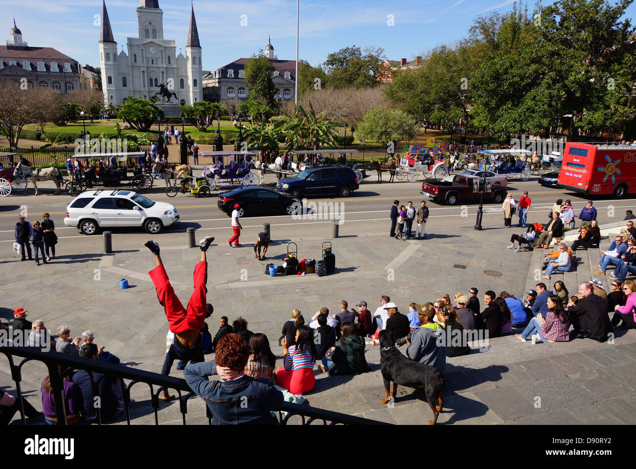 Street performance in front of Jackson Square in New Orleans Stock Photo