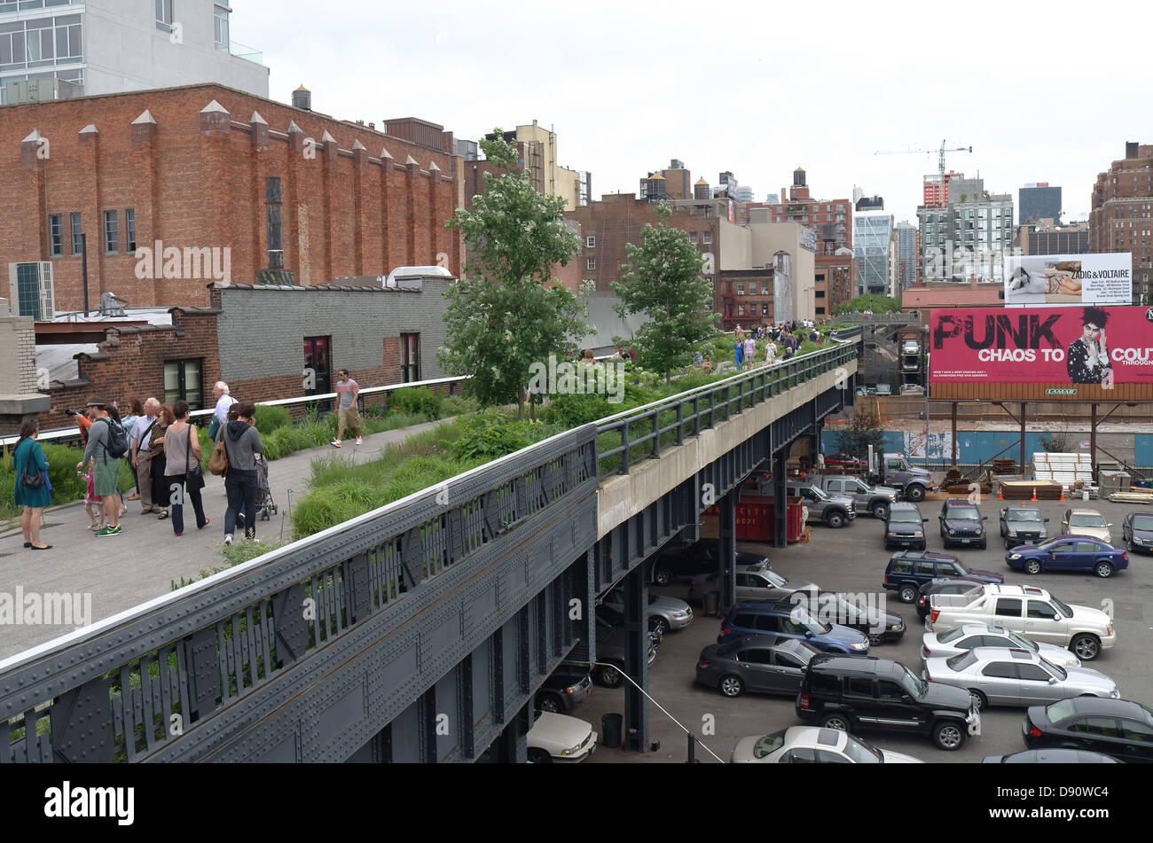 View of the High Line elevated railroad tracks and park in New York