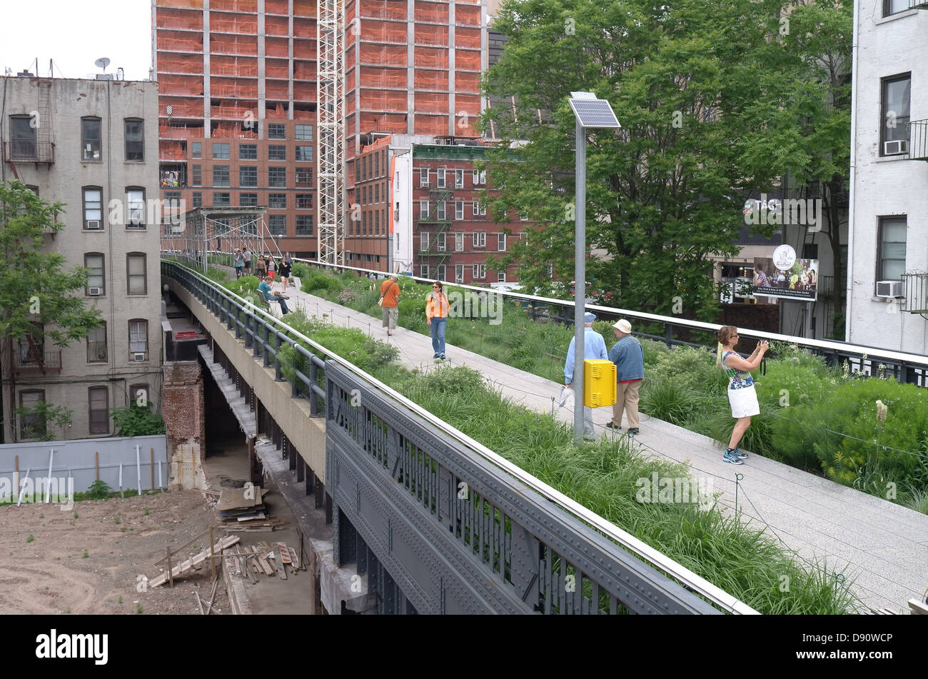 View of the High Line elevated railroad tracks and park in New York