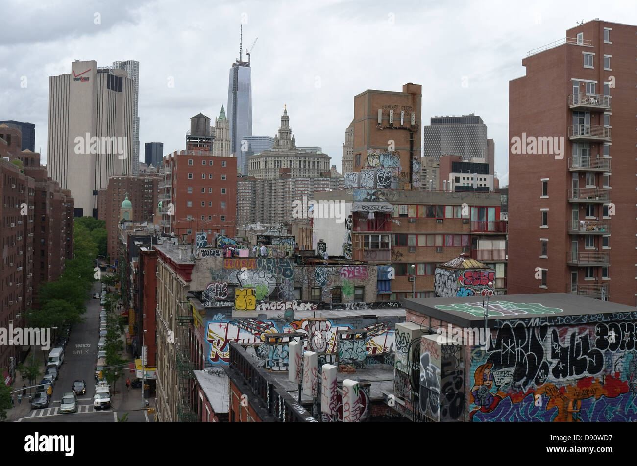 Rooftops covered with colorful graffiti near Manhattan Bridge, New York