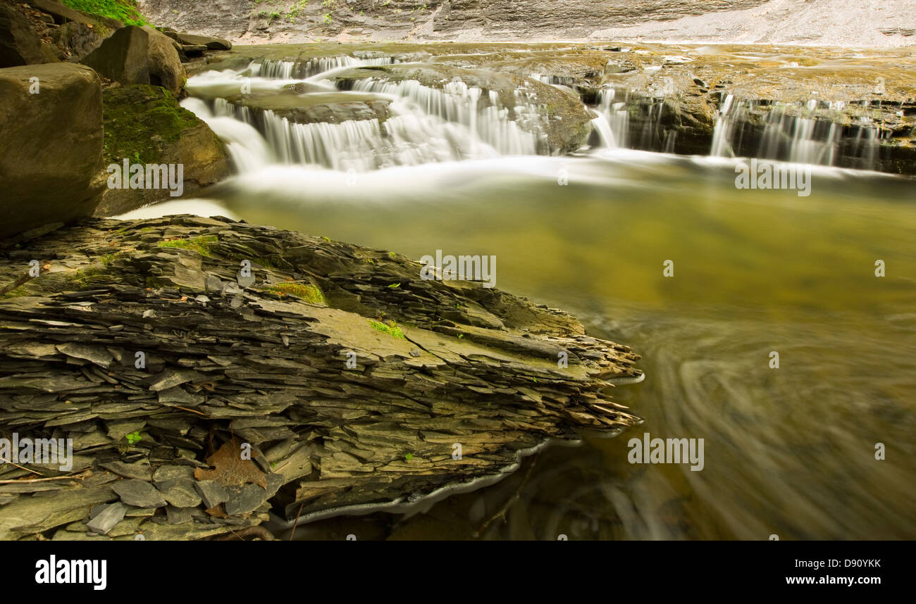 Time Lapse Stream with a chunk of brittle shale rock in the foreground Stock Photo