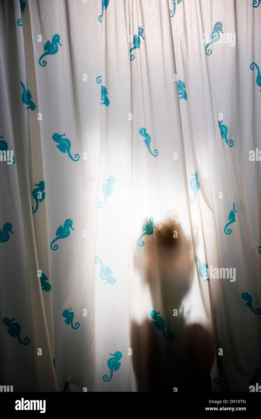Scandinavian Girl Behind A Shower Curtain Stock Photo 57185653