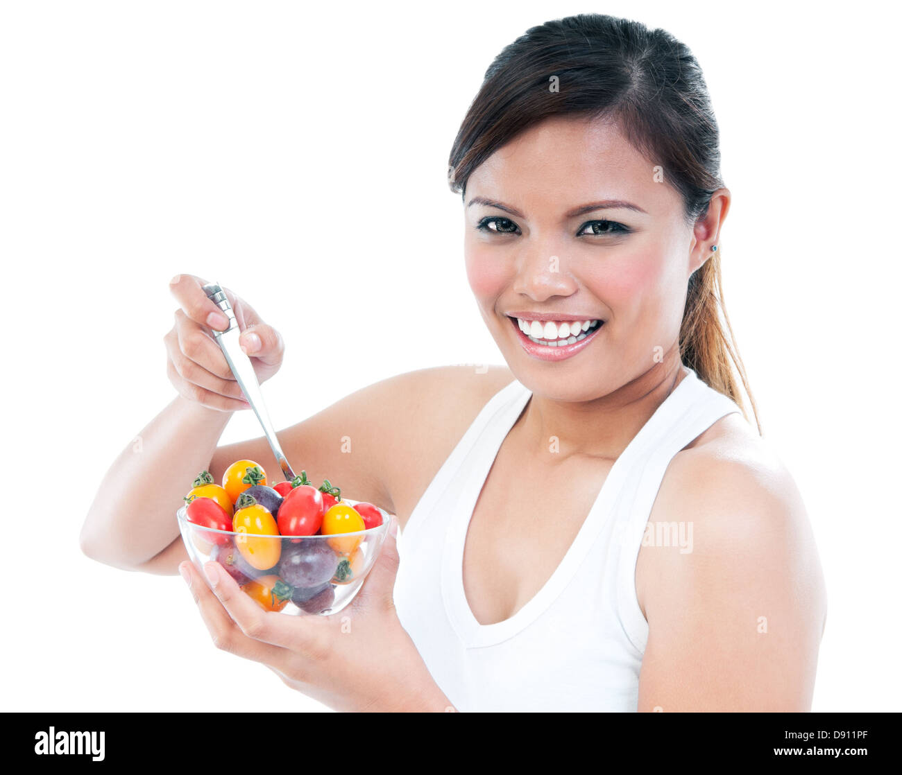 Happy Asian woman holding a bowl of fruits, portrait Stock Photo - Alamy