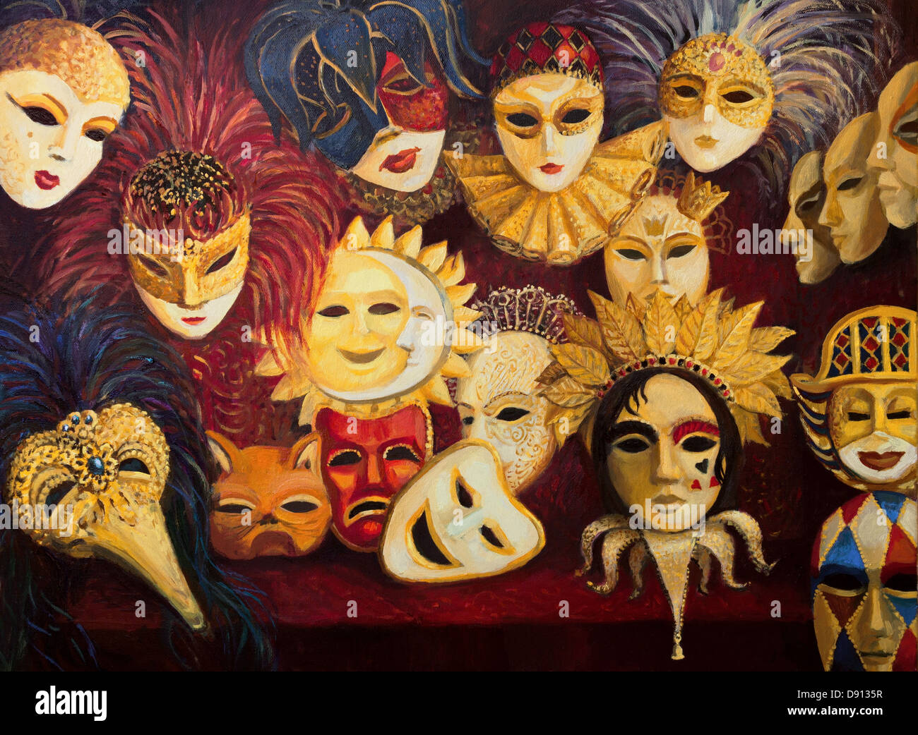 An oil painting on canvas of a colorful ornate traditional venetian masks on display, over a dark red curtain. Stock Photo