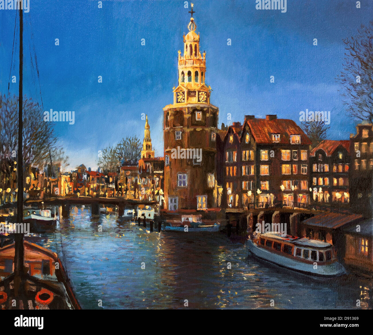 An oil painting on canvas of peaceful panoramic evening view of Montelbaans Tower and the city lights reflecting in the canals. Stock Photo