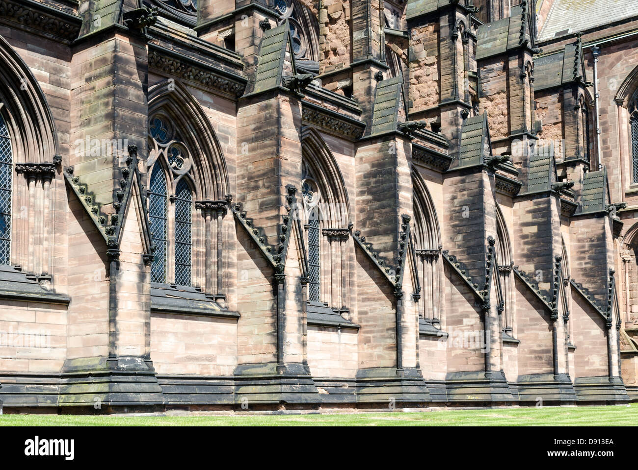The Gothic architecture of Lichfield Cathedral which is built from sandstone Stock Photo