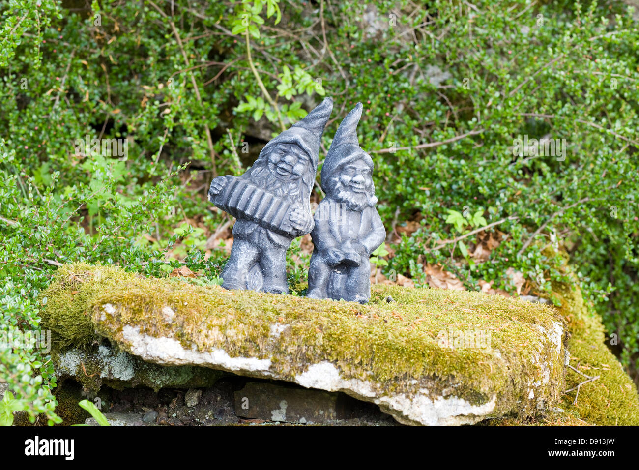 garden gnomes stood on a rock in a Garden Stock Photo