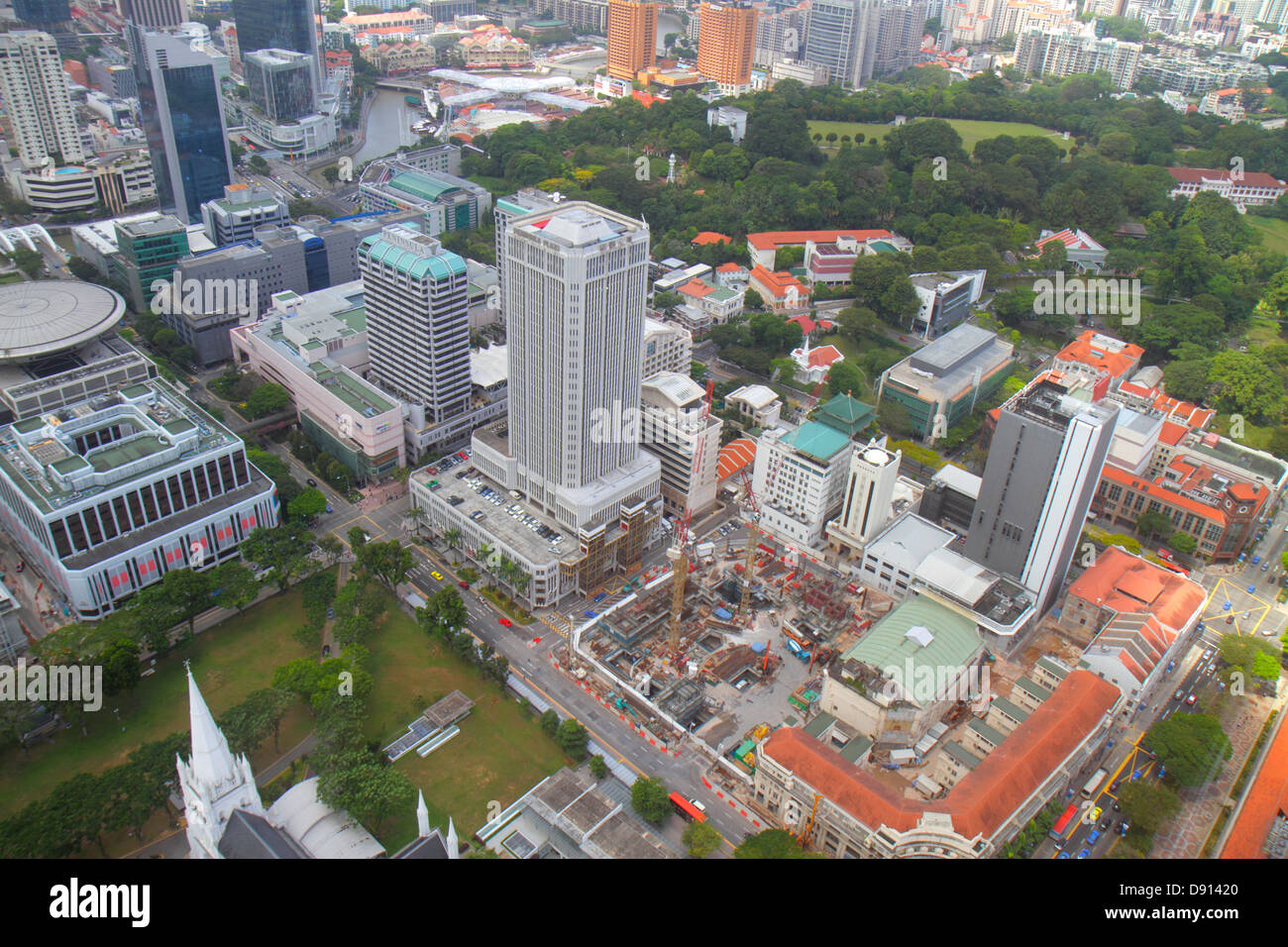 Singapore city skyline,skyscrapers,aerial overhead view from above,New Supreme Court,St. Andrew's Cathedral,North Bridge Road,under new construction s Stock Photo