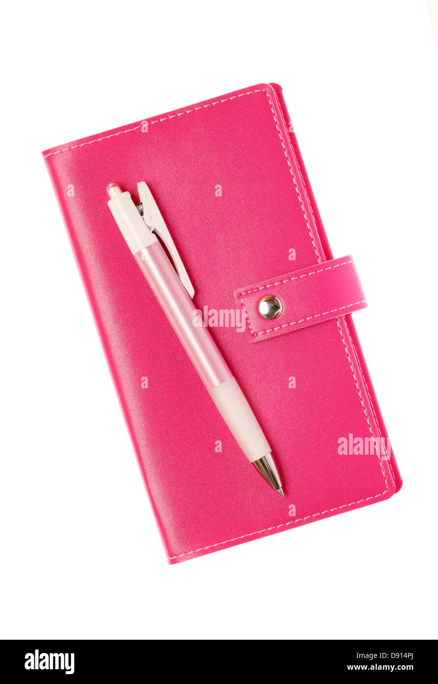 Pink leather notebook and pen Stock Photo