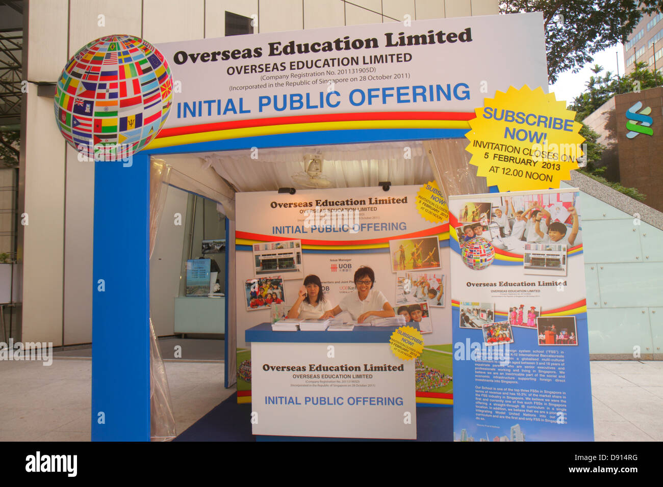 Singapore Raffles Place,exhibit exhibition collection booth,stand,Overseas Education Limited,Asian woman female women,representative salesman saleswom Stock Photo