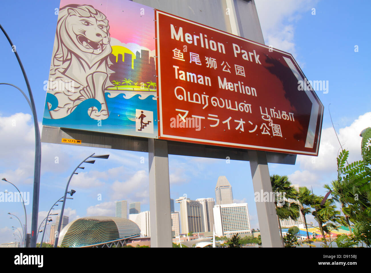 Singapore Esplanade Drive,sign,information,Merlion Park,hanzi,kanji,Esplanade Theatres on the Bay,theatre,theater,Sing130201180 Stock Photo