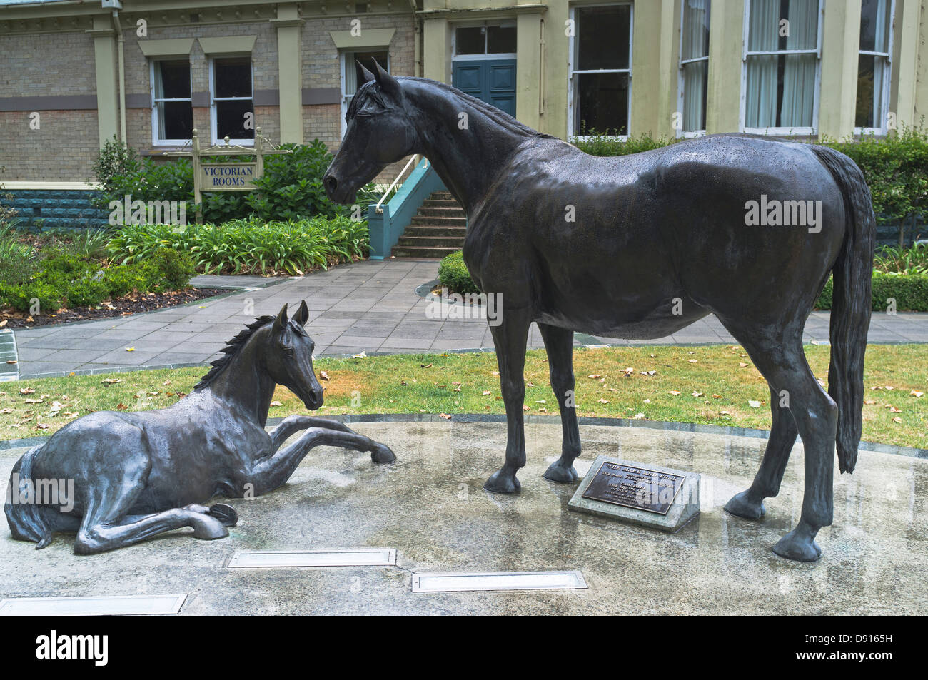 dh CAMBRIDGE NEW ZEALAND Racing horse and foal statues outside Stock