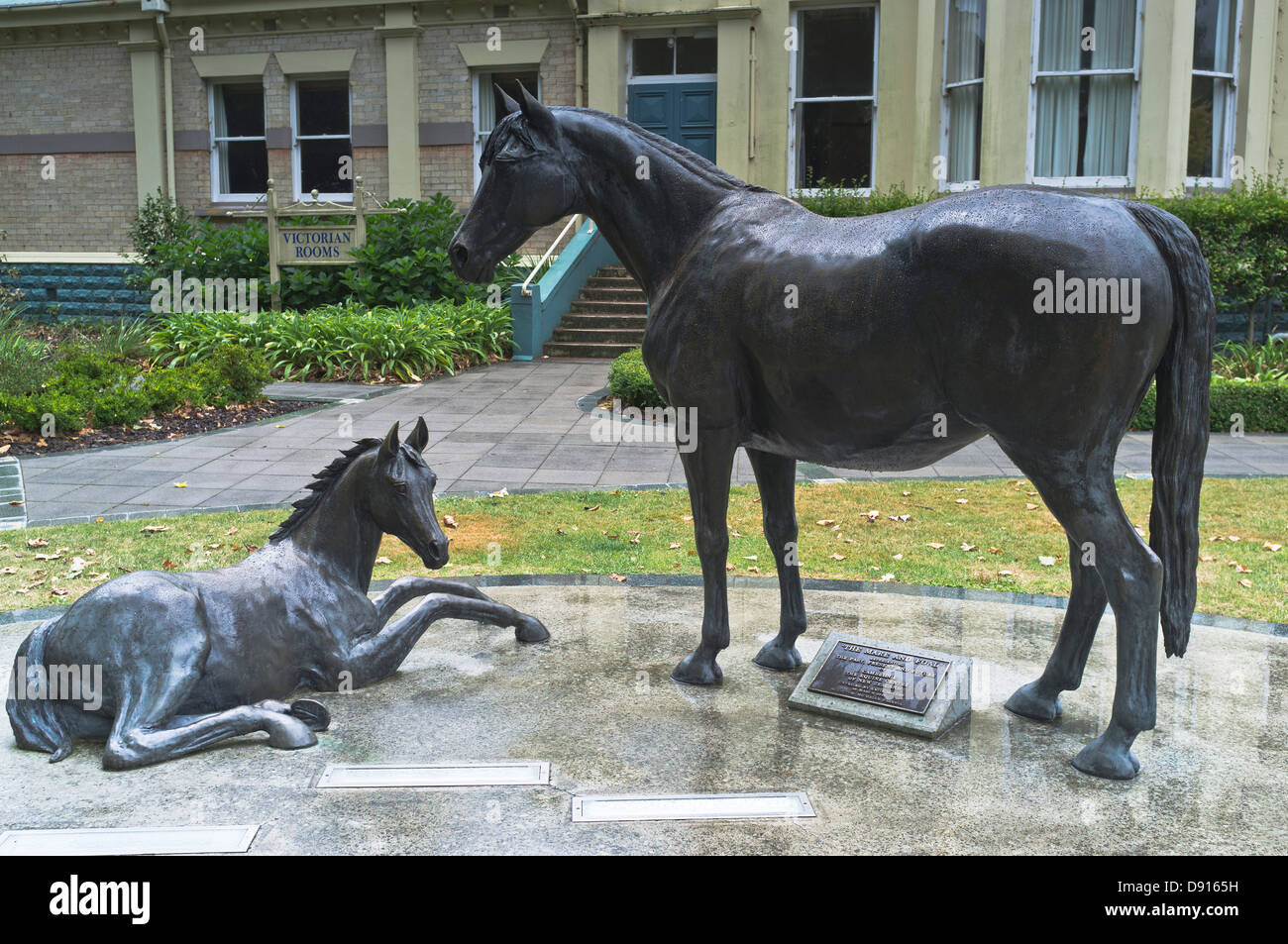dh Horses statue CAMBRIDGE NEW ZEALAND Racehorse Racing horse and foal statues outside Cambridge Town Hall Stock Photo