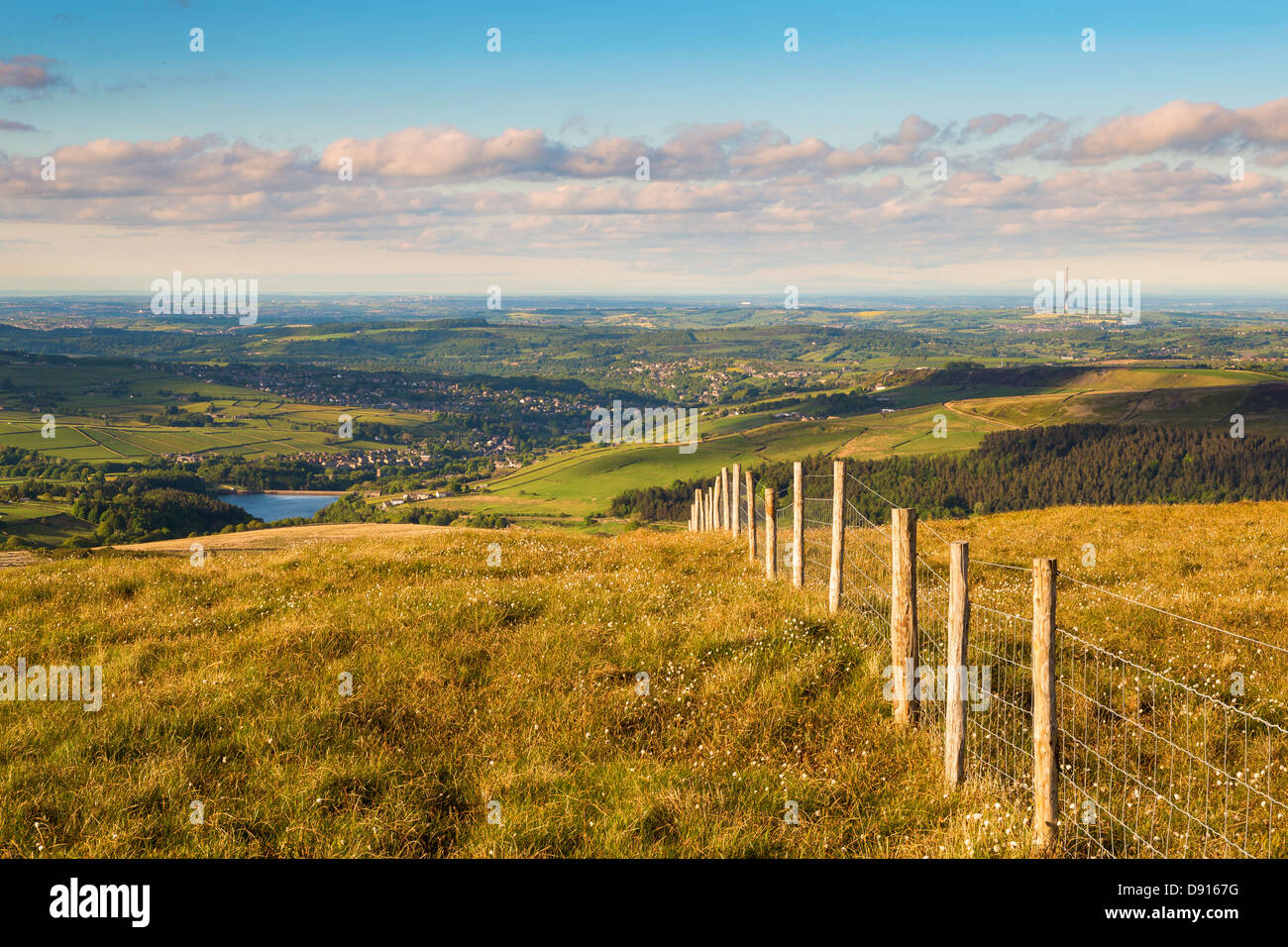 View from top of Holm Moss, with clouds and blue sky. Stock Photo