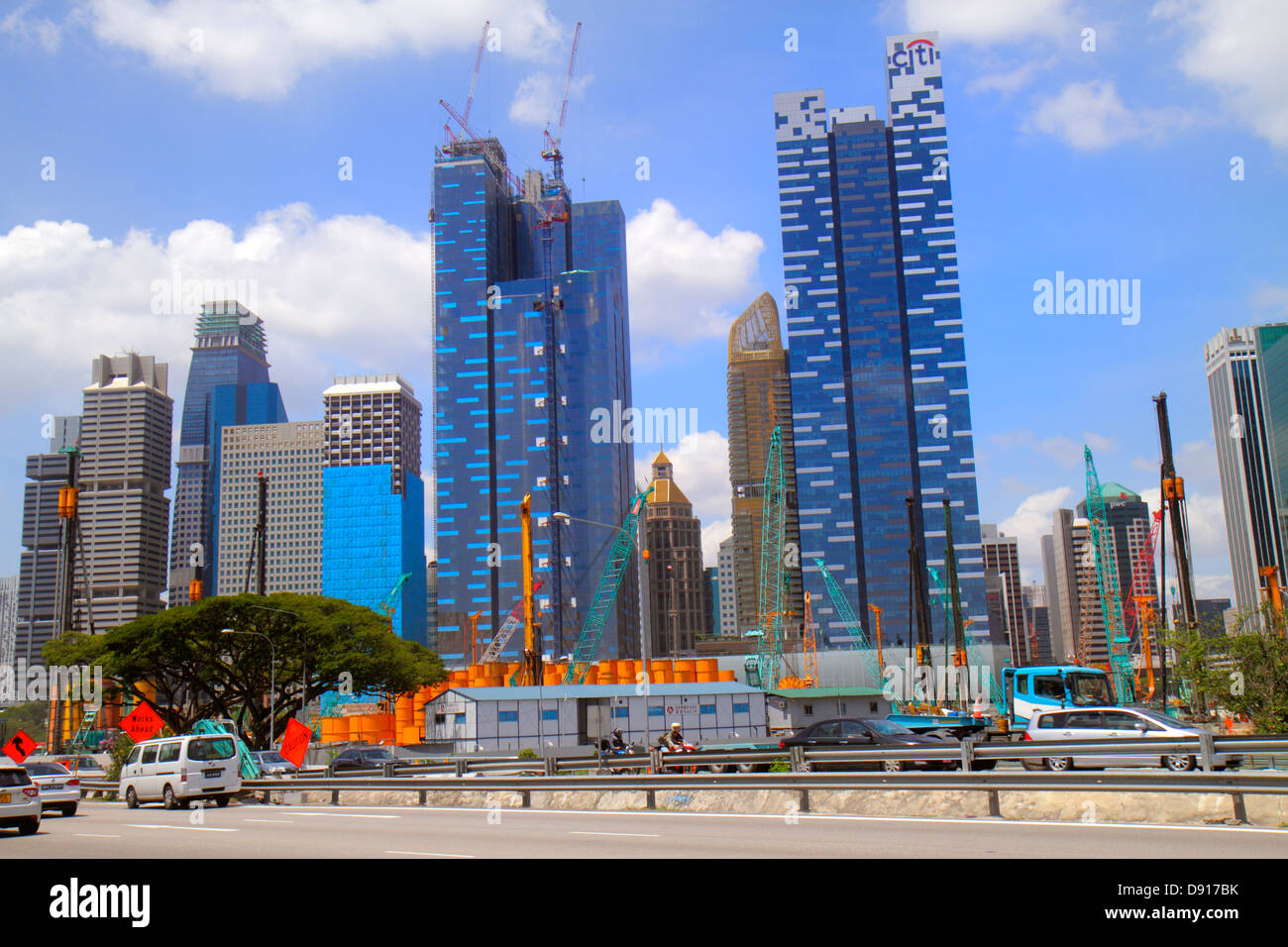 Singapore East Coast Parkway,ECP,city skyline,financial district,skyscrapers,under new construction site building builder,buildings,Asia Square North Stock Photo