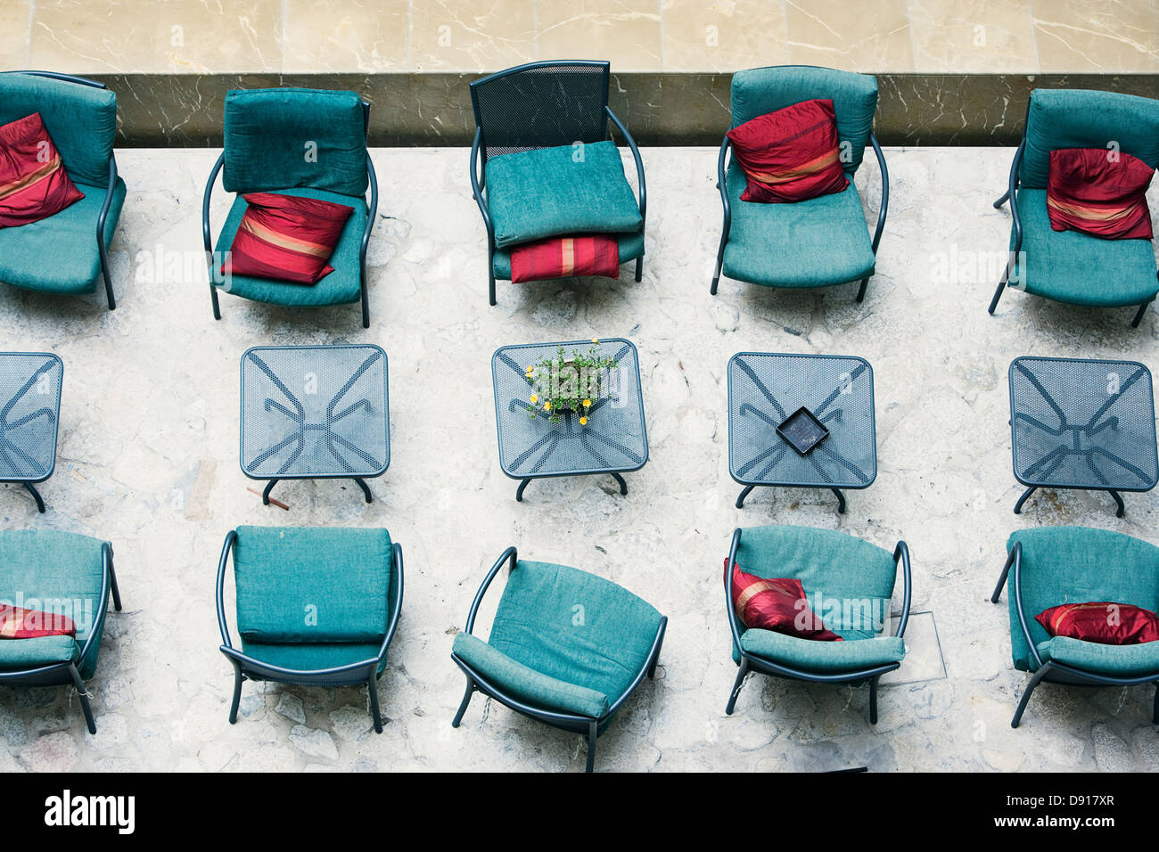 An outdoor restaurant seen from above. Stock Photo