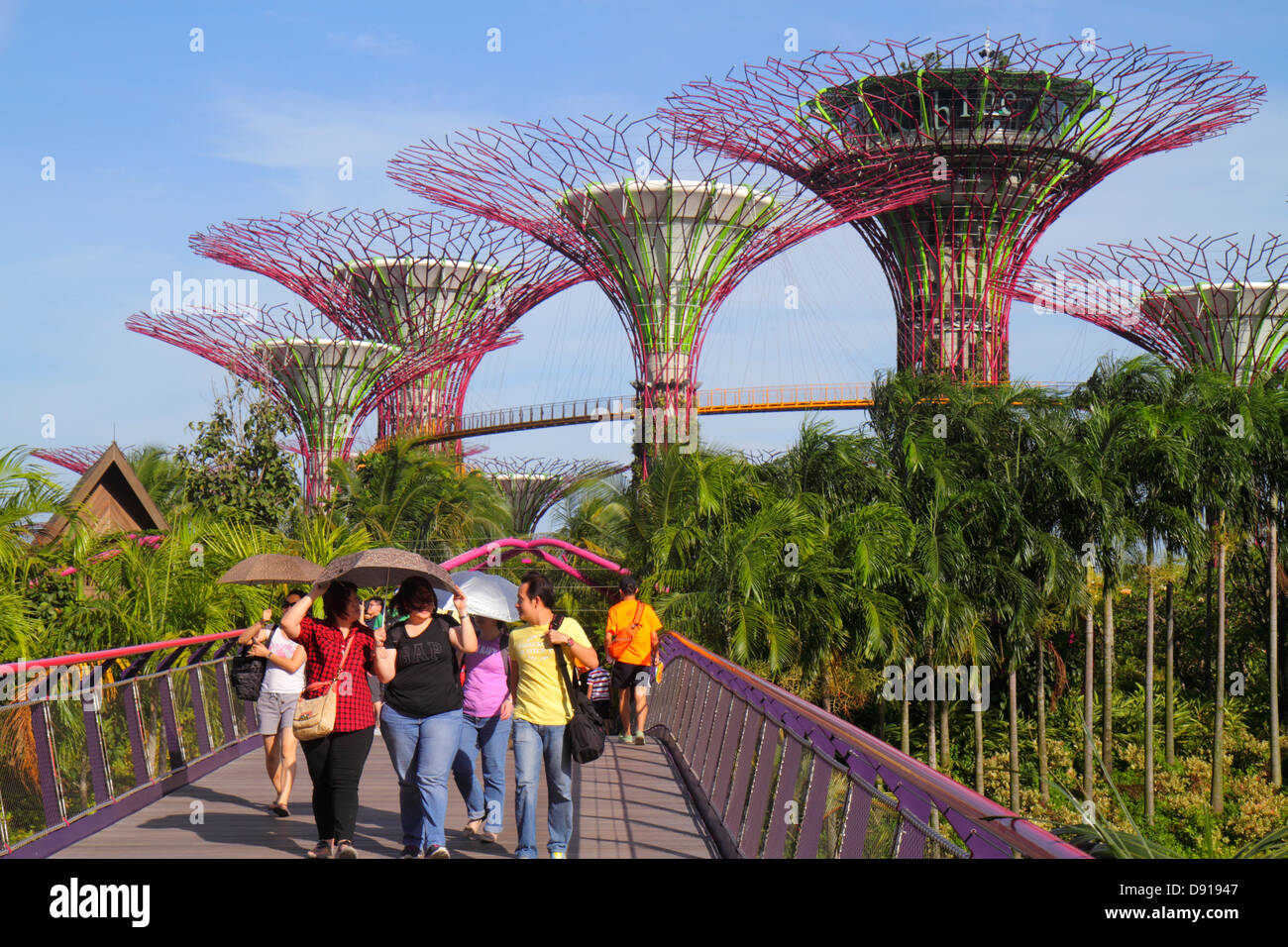 Singapore Gardens by the Bay,park,Supertrees,elevated walkway,umbrellas,using,sun shade,Sing130202173 Stock Photo