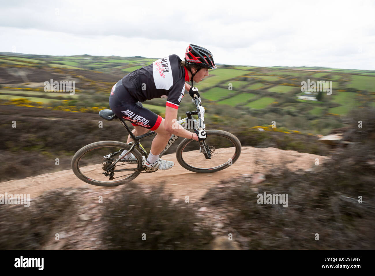 WHEAL MAYD VALLEY, REDRUTH, UK. British XC Series Round 2, mountain bike cross country race. Blurred background of his rapidity. Stock Photo