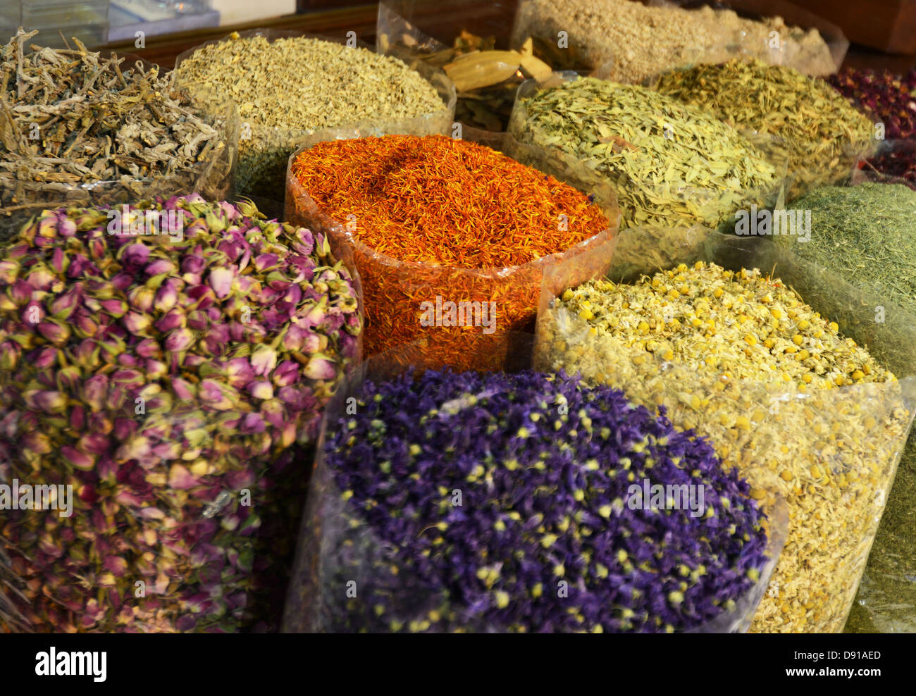Spices on sale at a spice souk, Dubai, United Arab Emirates Stock Photo