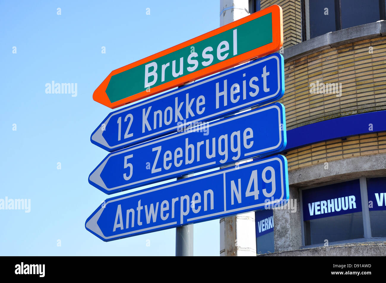 Direction signs, Koning Albert 1 laan, Blankenberge, West Flanders Province, Flemish Region, Belgium Stock Photo