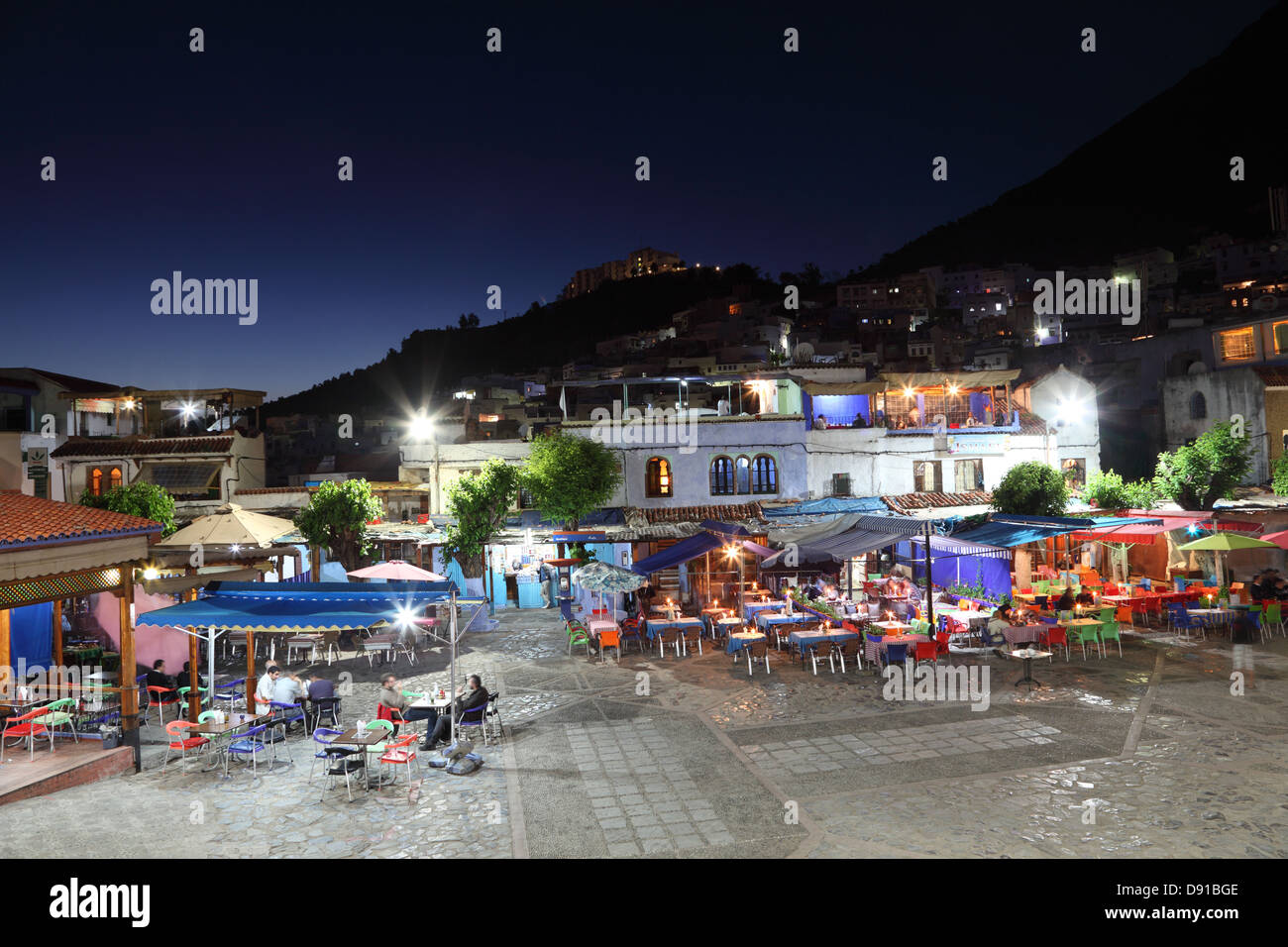 Square in the medina of Chefchaouen at night, Morocco Stock Photo