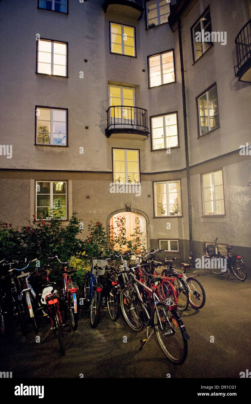 Enlightened windows in a block of flats, Stockholm, Sweden. Stock Photo