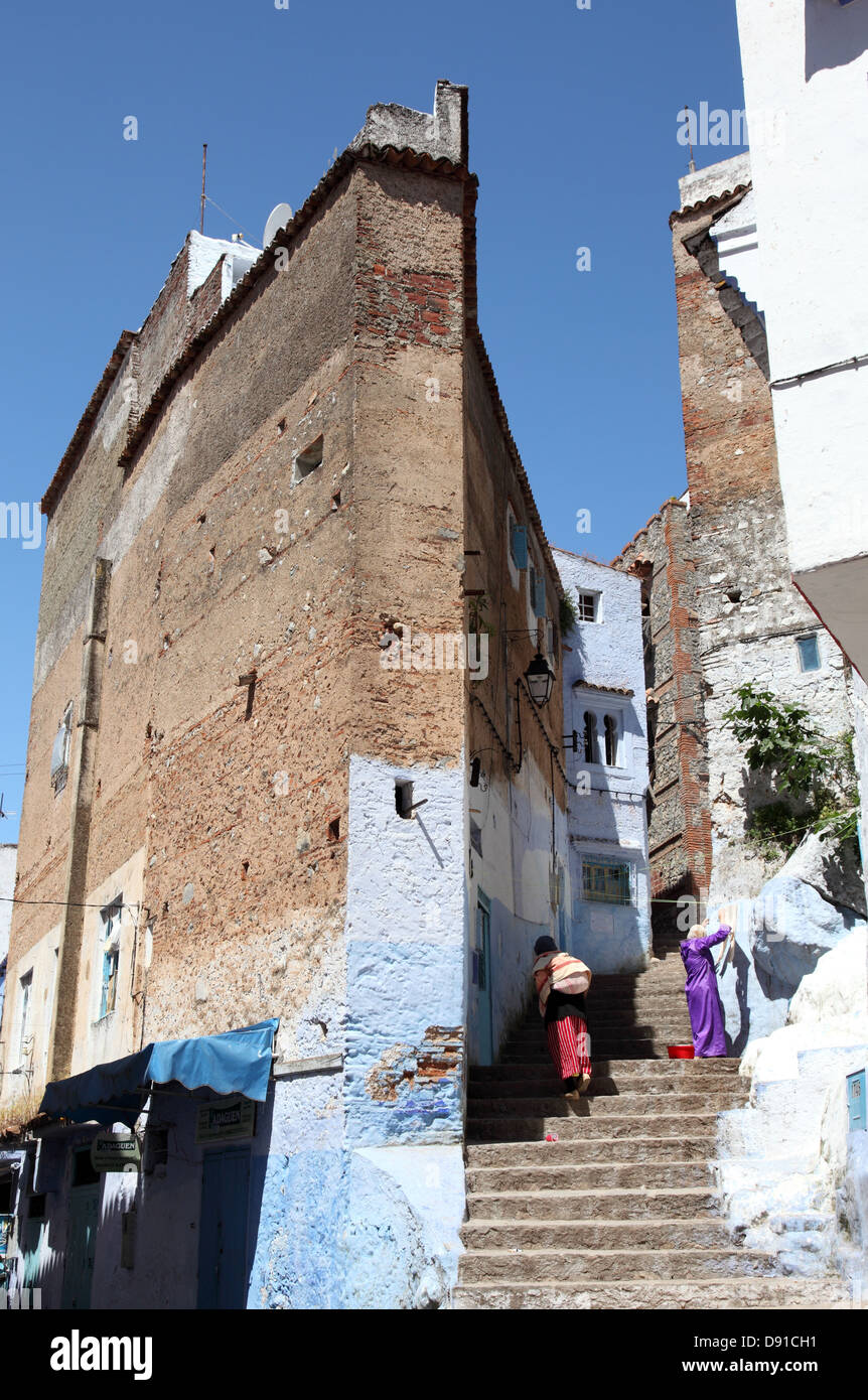 Steep street in the medina of Chefchaouen, Morocco Stock Photo