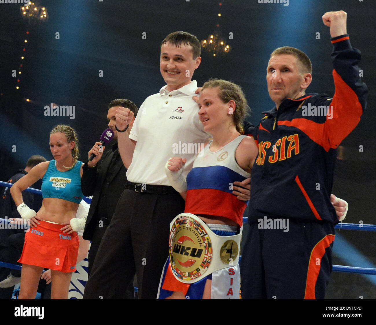 Kick boxer Olga Stavrova from Russia wins the fight against German kick