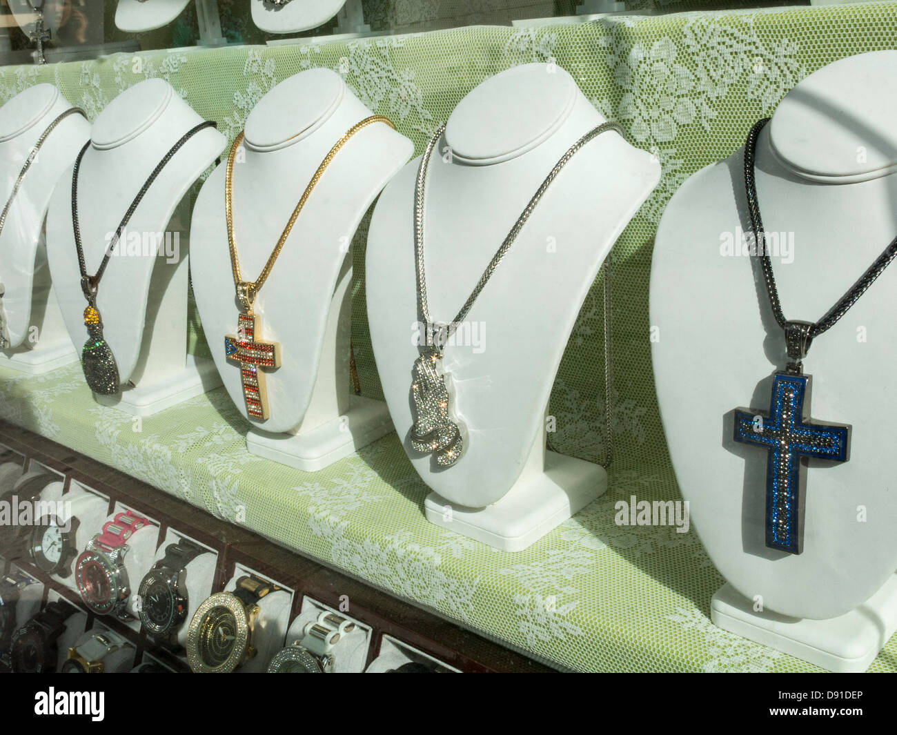 Hip Hop Jewelry on Display in Shop Window, Manhattan, NY Stock Photo