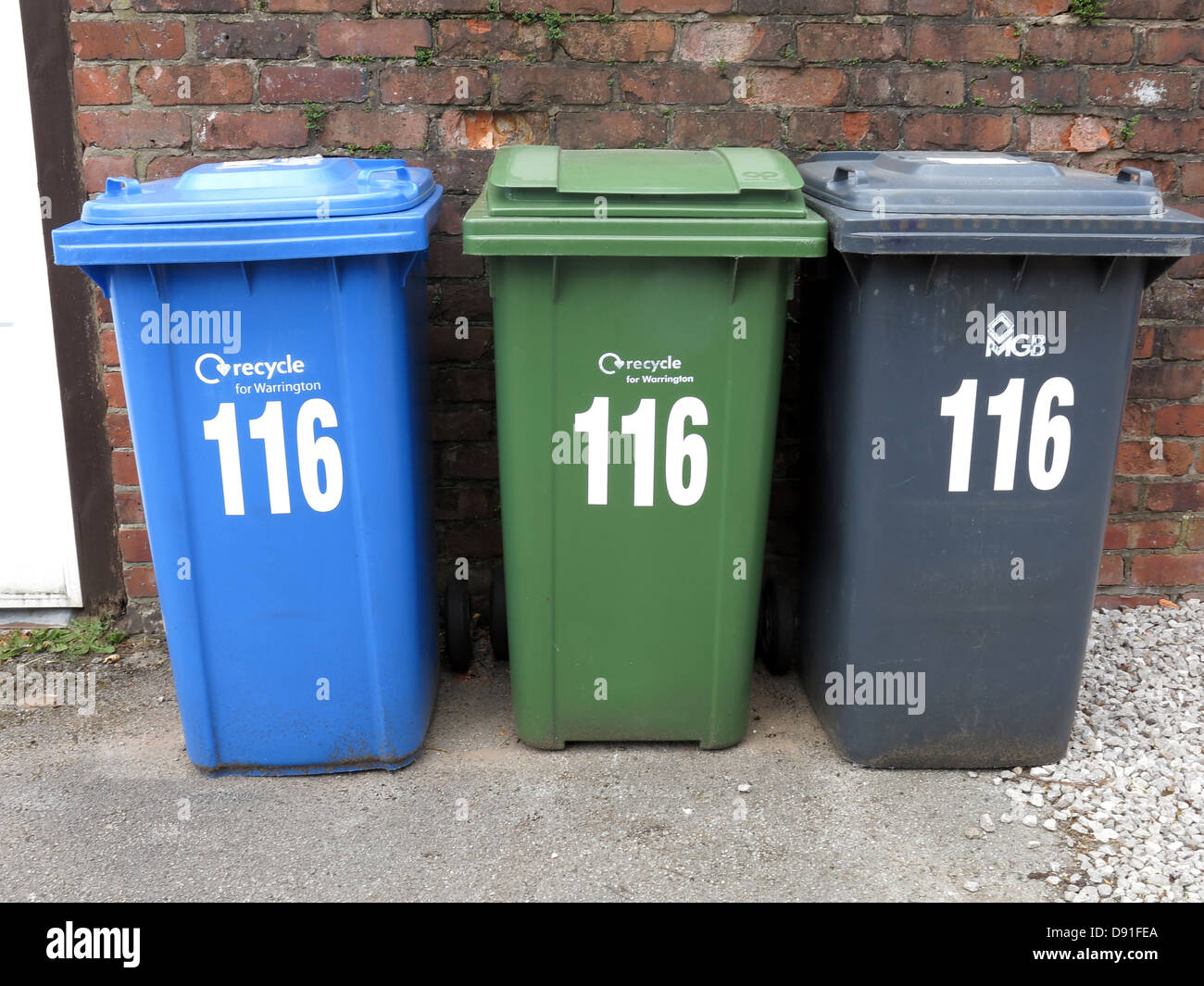 Too many bins and times to recycle domestic waste Stock Photo