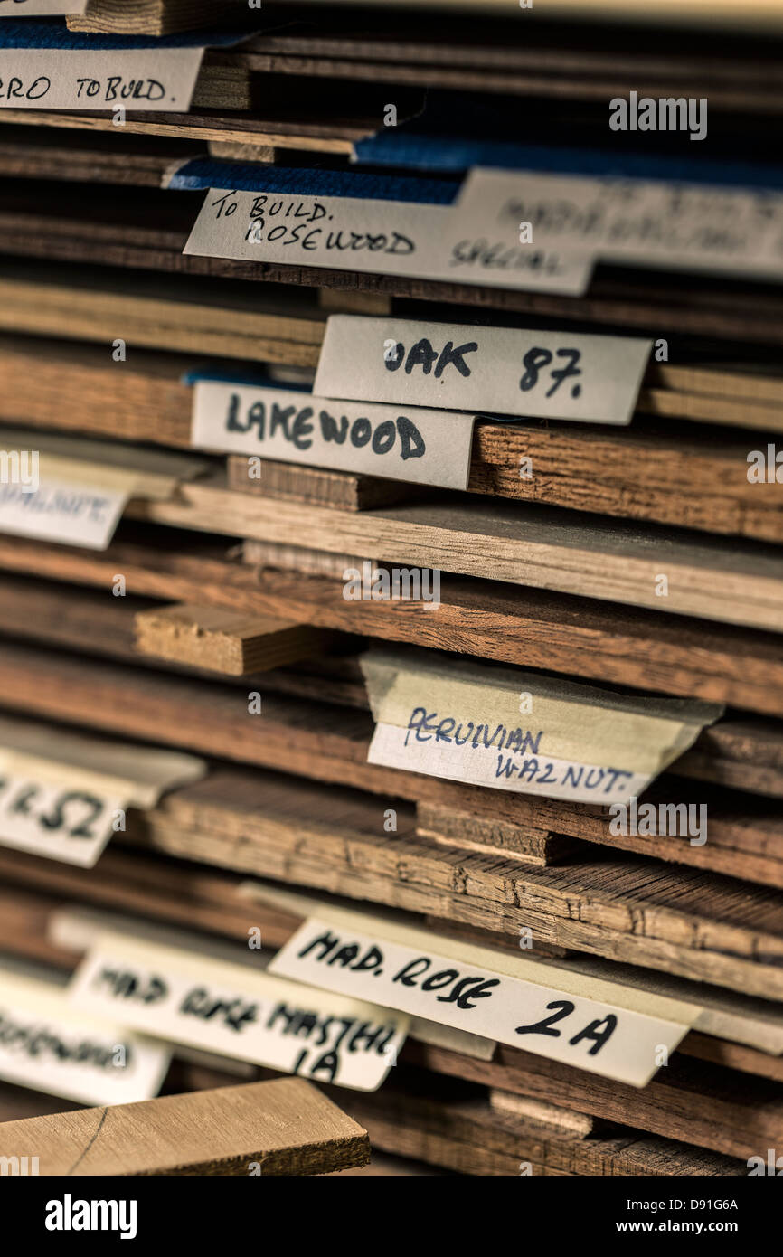 Close up of labels on different types of wood used to make acoustic