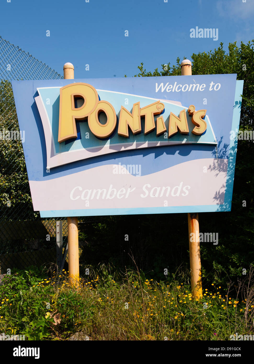 Sign outside Pontin's holiday camp in Camber, East Sussex, UK Stock Photo