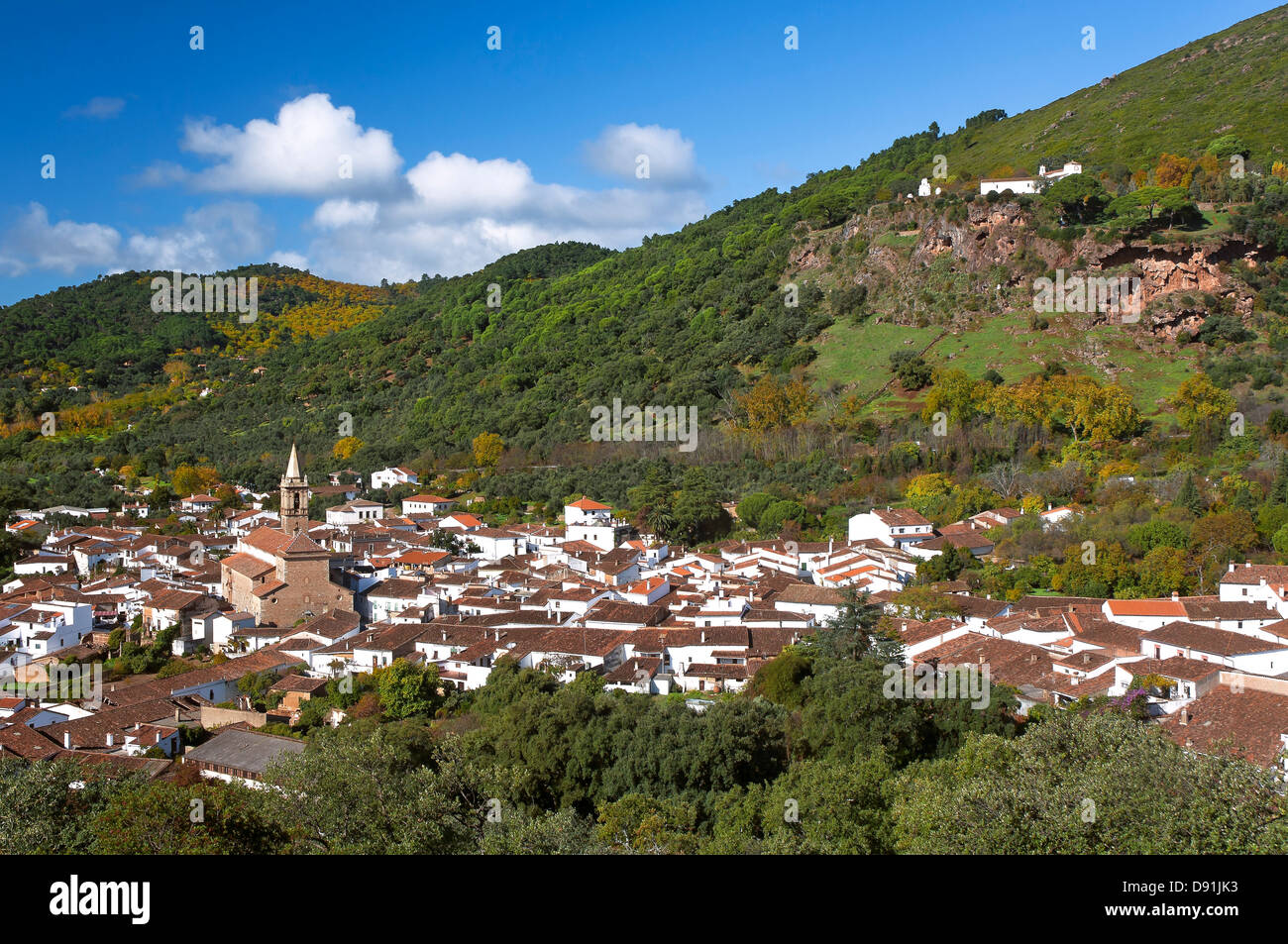 Panoramic view with Arias Montano rock, Alajar, Huelva-province, Region of Andalusia, Spain, Europe Stock Photo