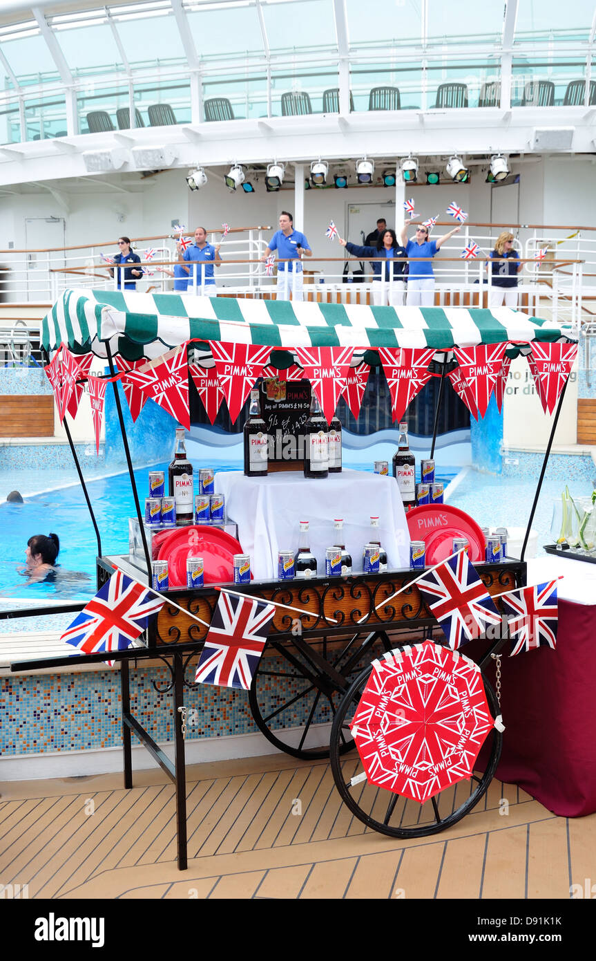 'Sail away' party on board P&O Azura cruise ship, Saint Peter Port, Guernsey, Bailiwick of Guernsey, Channel Islands Stock Photo