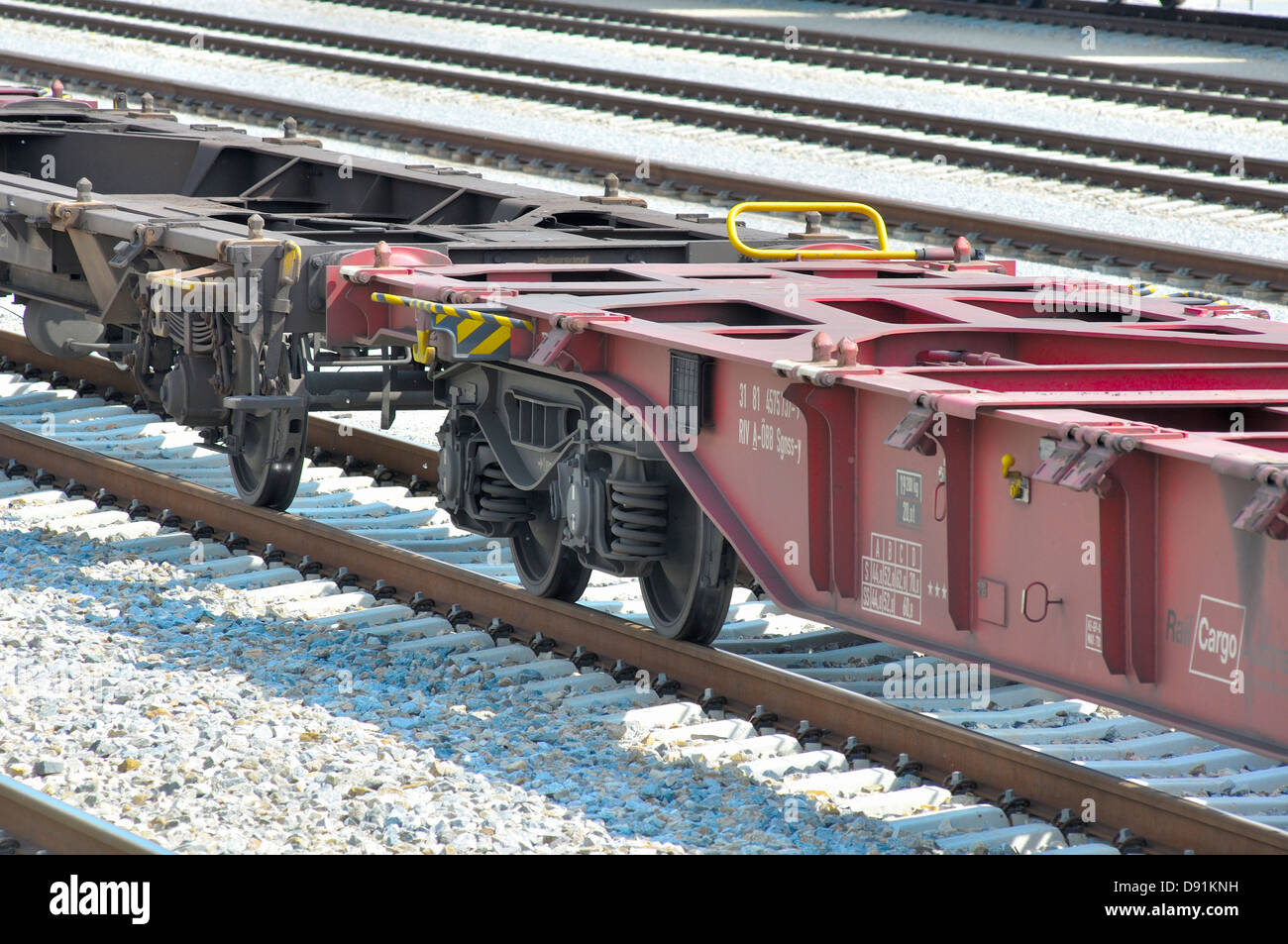 Container flat wagon for transport by rail Stock Photo