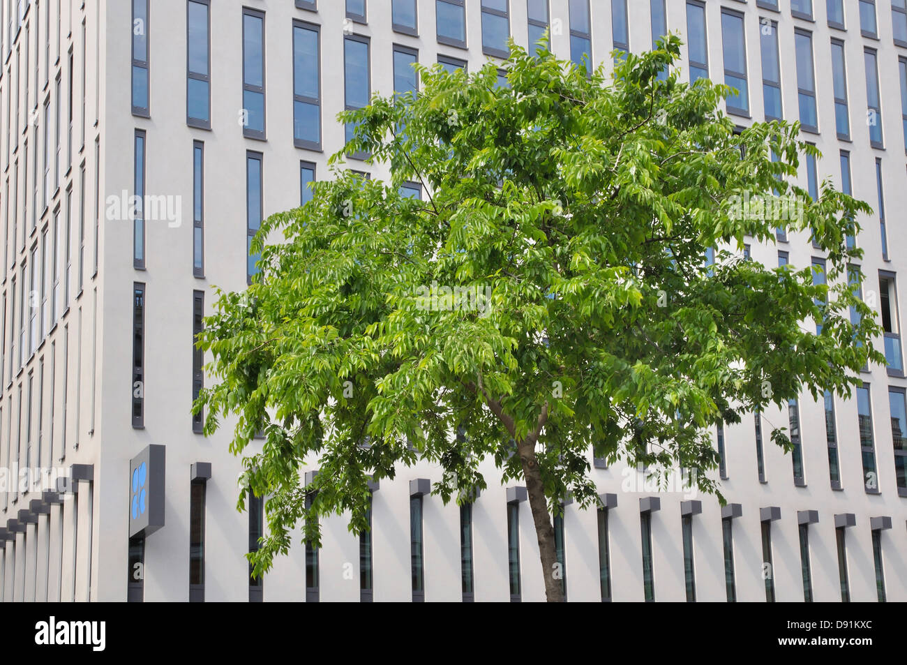 Green tree in front of OPEC headquarters in Vienna Stock Photo