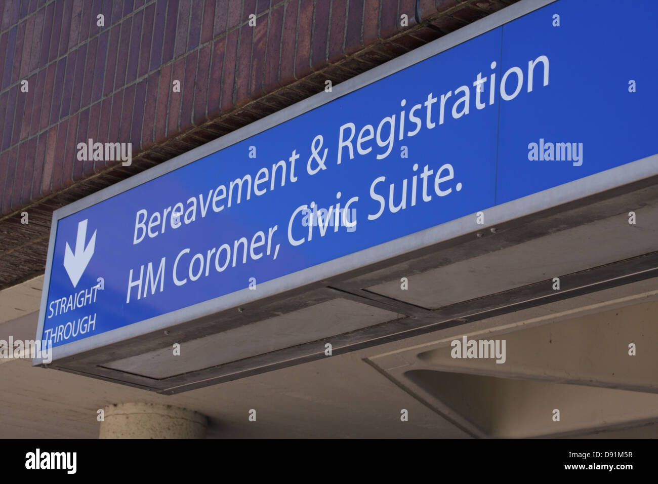 Sign for Bereavement & Registration, HM Coroner, Civic Suite. Stock Photo