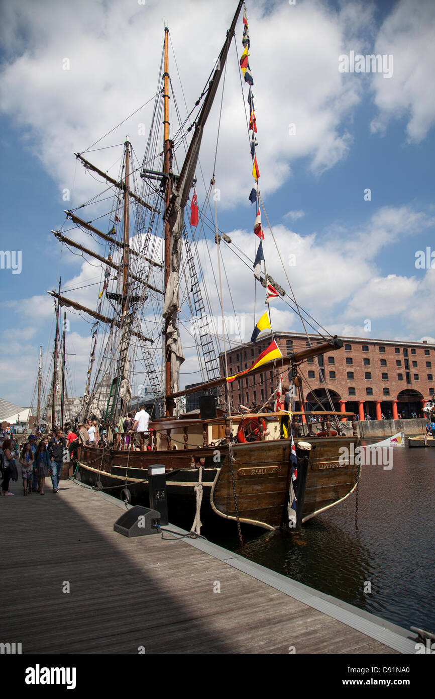 Liverpool, UK 8th June, 2013. Tall ship Zebu at the Red Bull Harbour Reach 2013, an inaugural event where Ships, a Shanty Festival, Regattas, wakeboarding and historic canal boats all taking part in a Mersey River Festival at Albert Dock.  Credit:  Cernan Elias/Alamy Live News Stock Photo