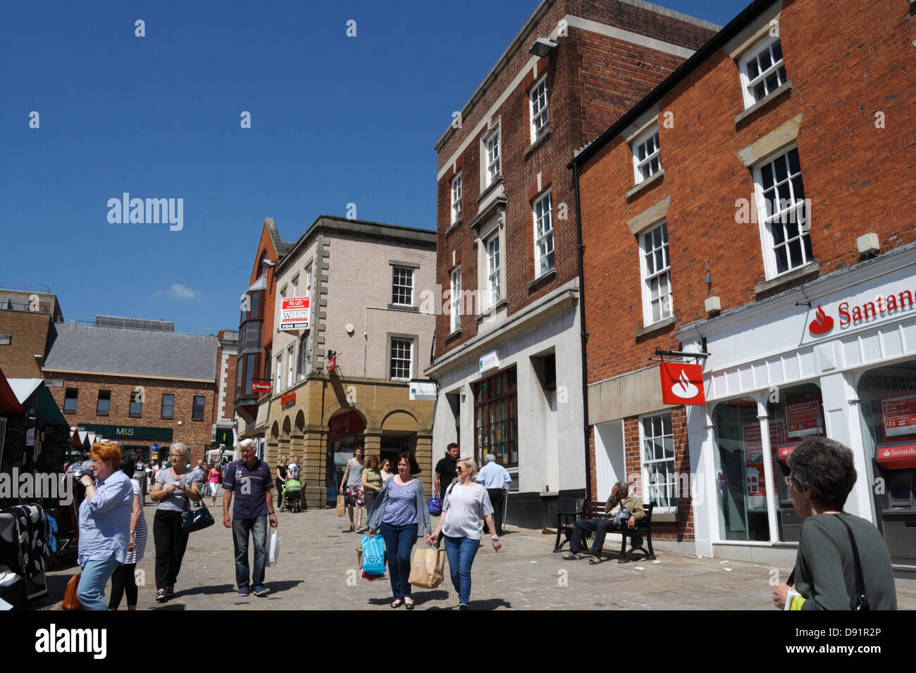 Chesterfield Market place sunny day, People Shopping, in Derbyshire England UK, English market town Stock Photo