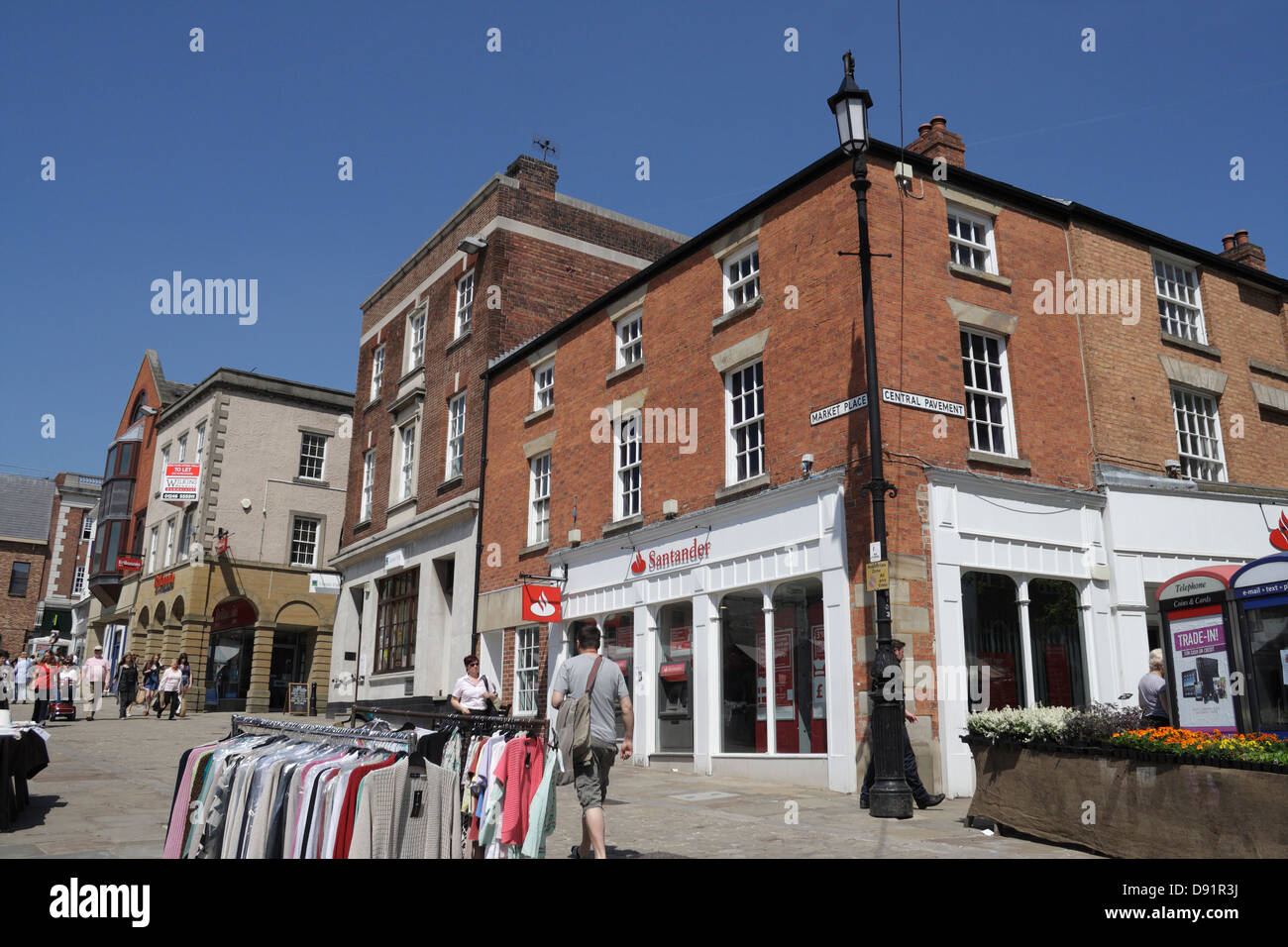 Chesterfield Market place sunny day, Santander bank in Derbyshire
