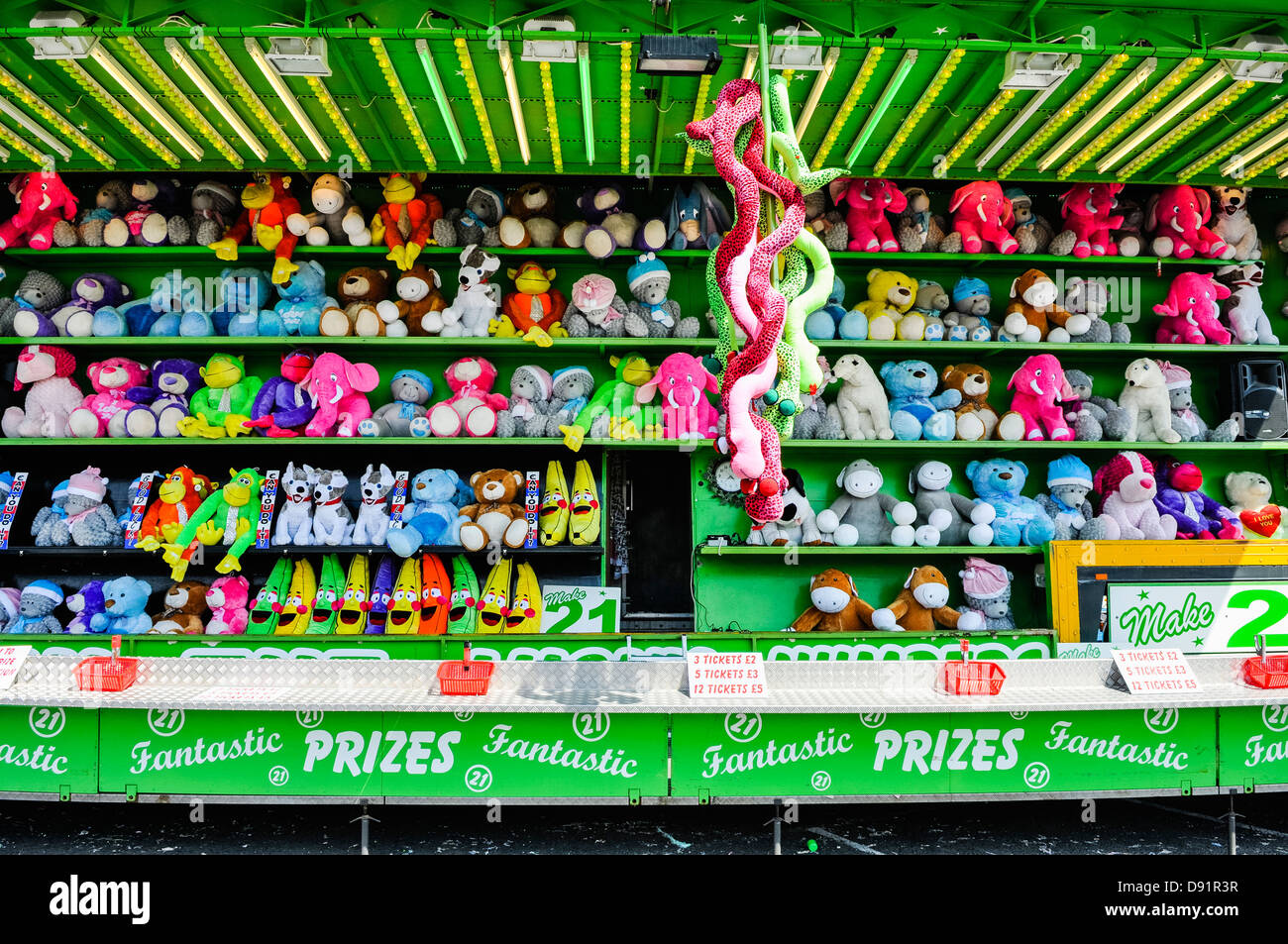 'Blackjack' fairground stall offering cuddly toys as prizes for having tickets totalling 21. Stock Photo