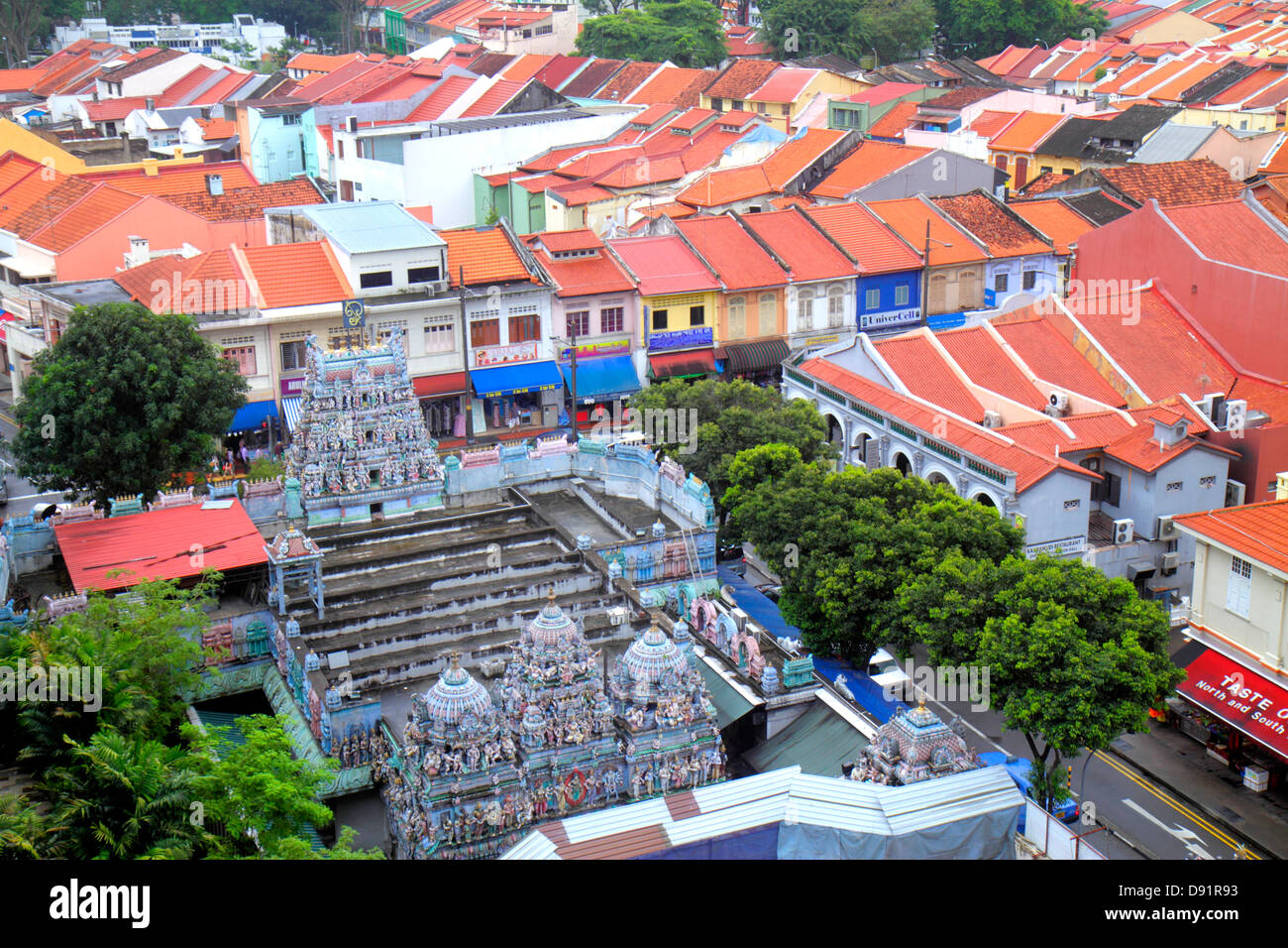 Singapore Little India,aerial overhead view from above,Sri Veeramakaliamman Temple,Hindu,bindi,two-story,storey,shophouses,shophouse,red clay tile roo Stock Photo