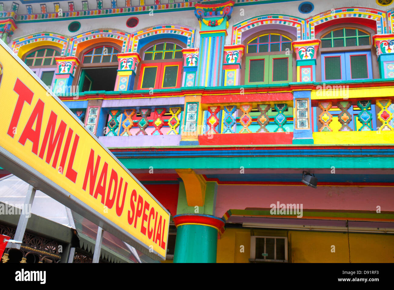 Singapore Little India,Kerbau Road,two-story,storey,shophouses,shophouse,colorful,sign,Tamil Nadu Special,Sing130206033 Stock Photo