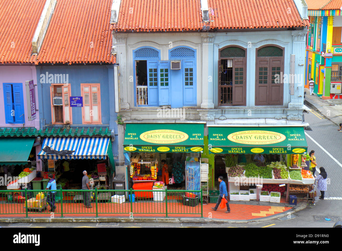 Singapore Little India,Buffalo Road,two-story,storey,shophouses,shophouse,red clay tile roof,businesses,district,Sing130206048 Stock Photo