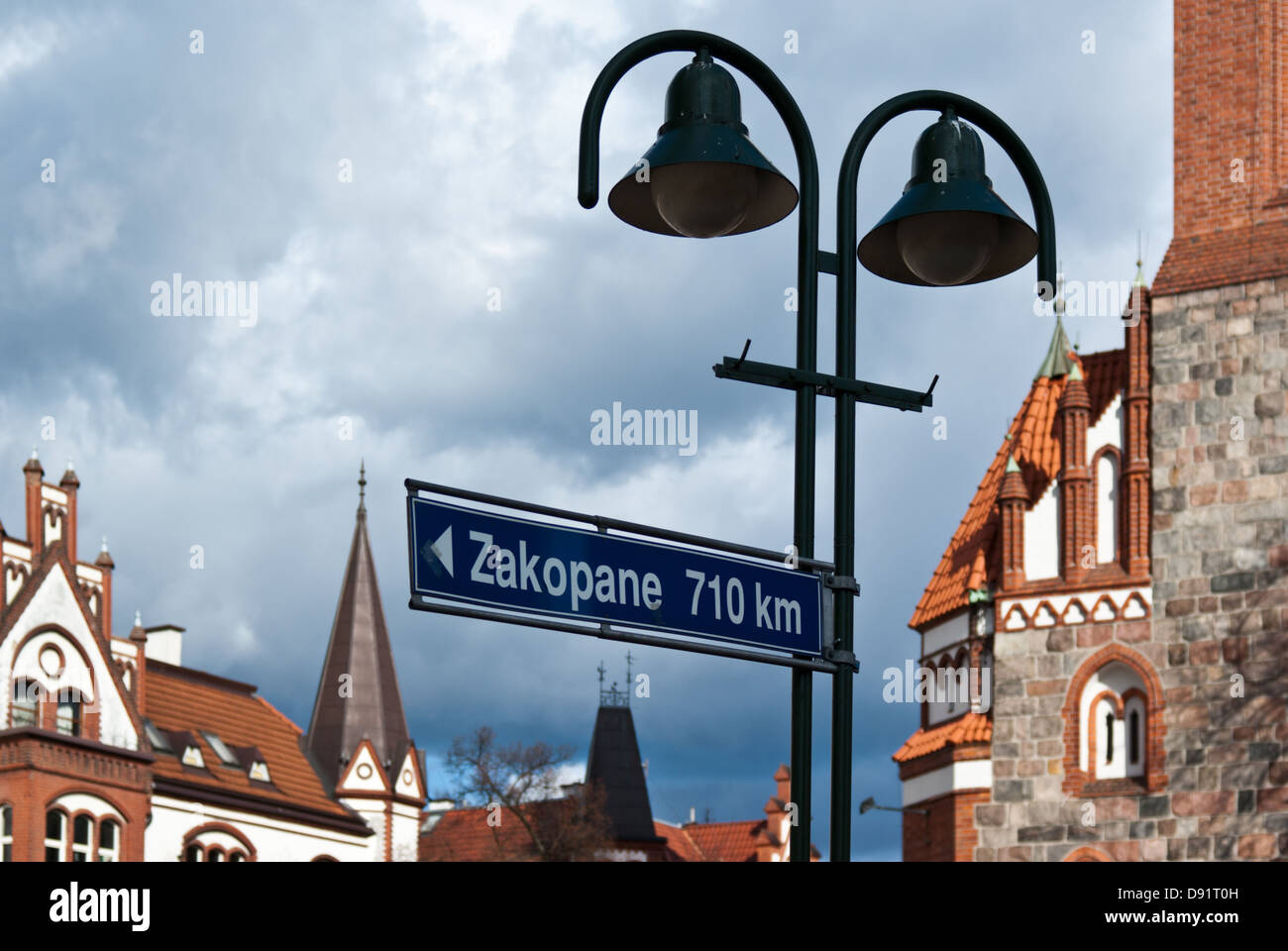Zakopane 710km Road Sign, Sopot, Poland Stock Photo