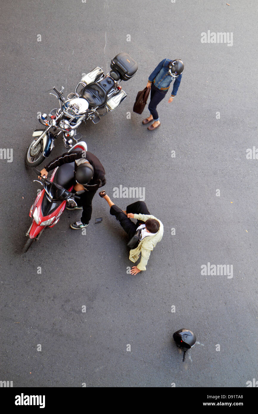 Bangkok Thailand,Thai,Pathum Wan,Phaya Thai Road,accident,crash,motorcycle,motor scooter,Skywalk,view,overhead,aerial overhead view from above,Asian m Stock Photo